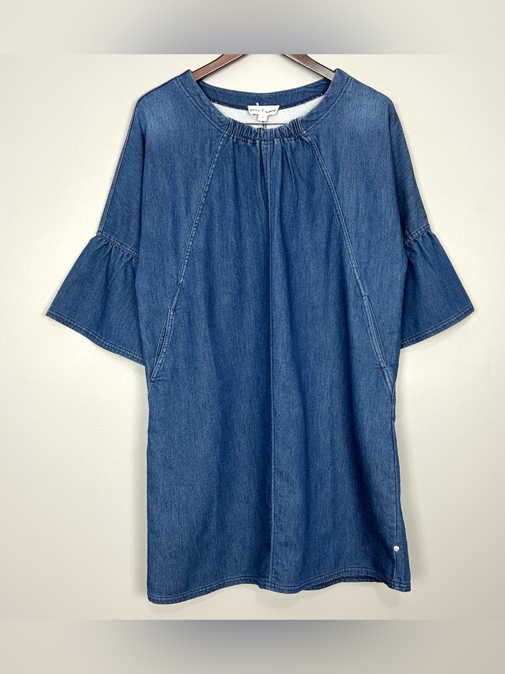 Neon Buddha Denim Shift Dress Women’s Size S Bell Sleeves Pockets Boho Artsy